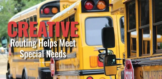 A visual representation of a yellow school bus, showcasing innovative routing solutions tailored to effectively address the requirements of special needs students.