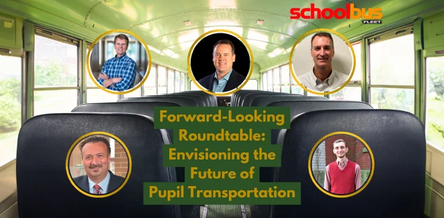 A bus interior featuring images of four people, accompanied by the text "forward looking roundtable.