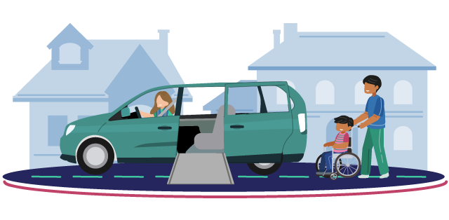 A man pushes a child on a wheelchair, heading towards a car while a woman sits at the driver seat.