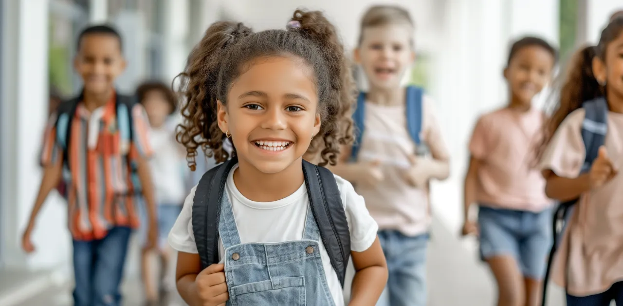 Young schoolchildren happily walk together with their backpacks on.