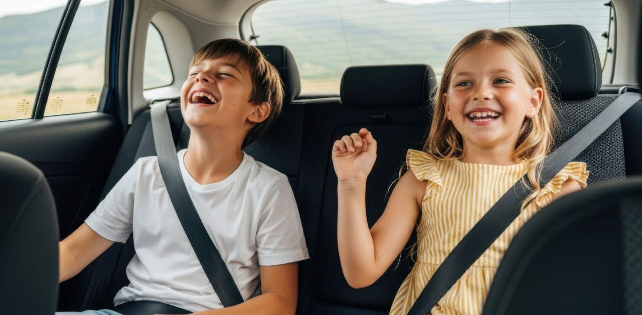 Two children laughing together while safely buckled in the back seat of a vehicle