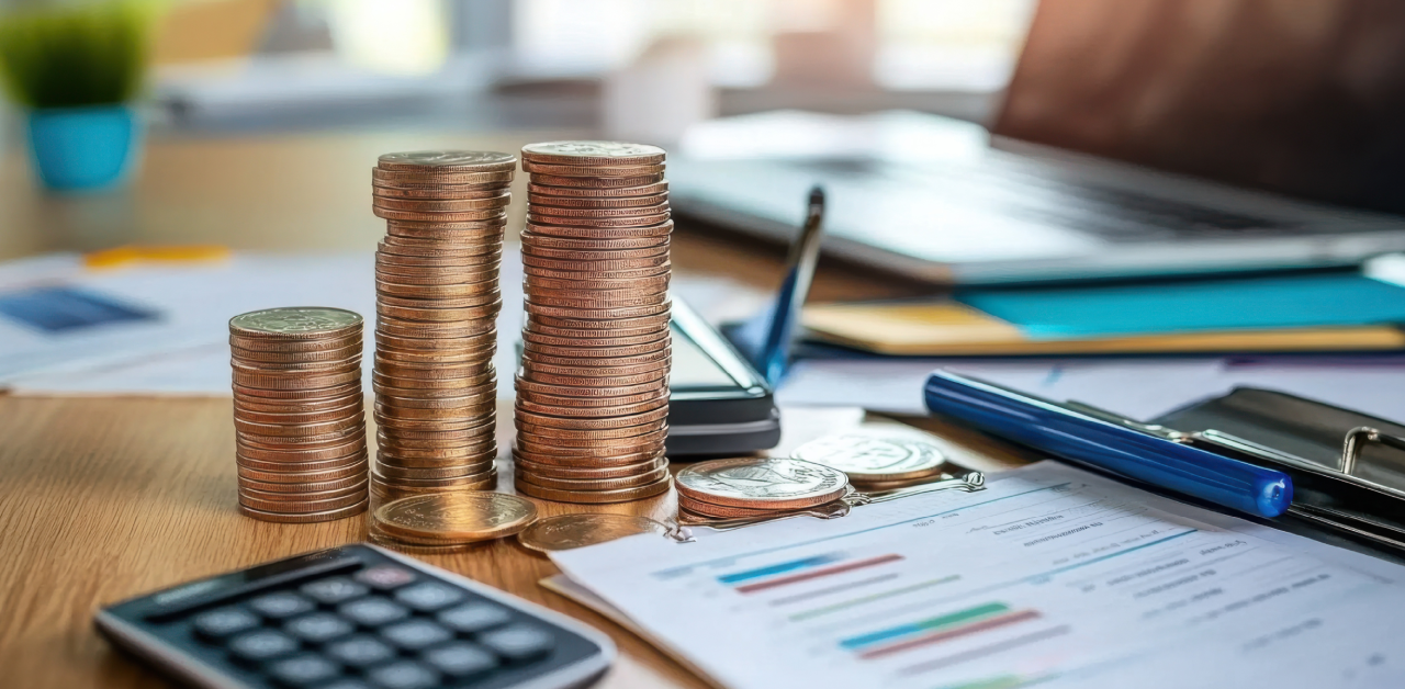 Stacks of coins with a calculator and reports