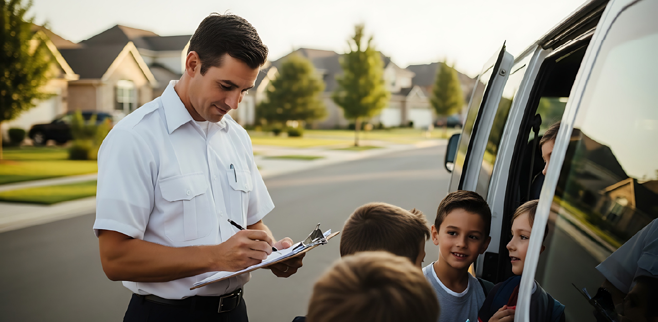 Driver checking attendance while students board a small vehicle in a suburban neighborhood