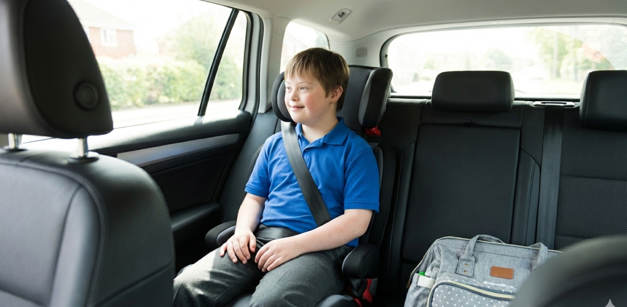 Child seated in a car seat and wearing a seat belt during a school ride