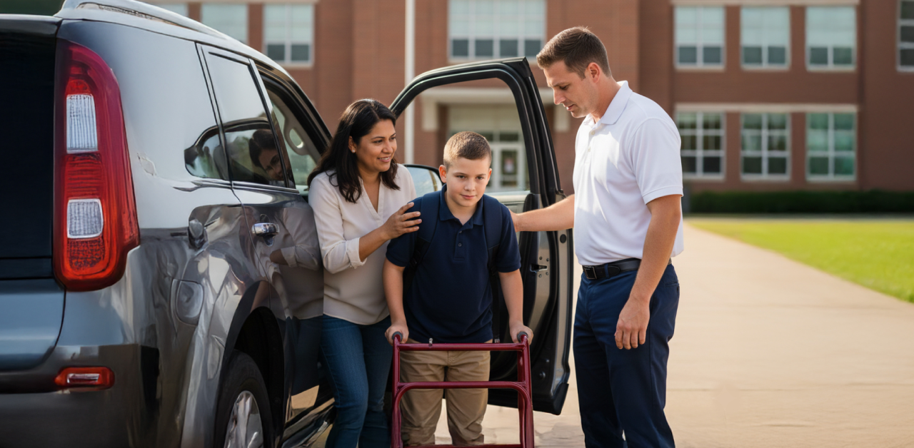 A student using a walker exits a vehicle with assistance from two adults outside a school building