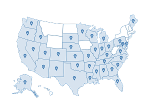 Map of the United States with blue location markers in each state.