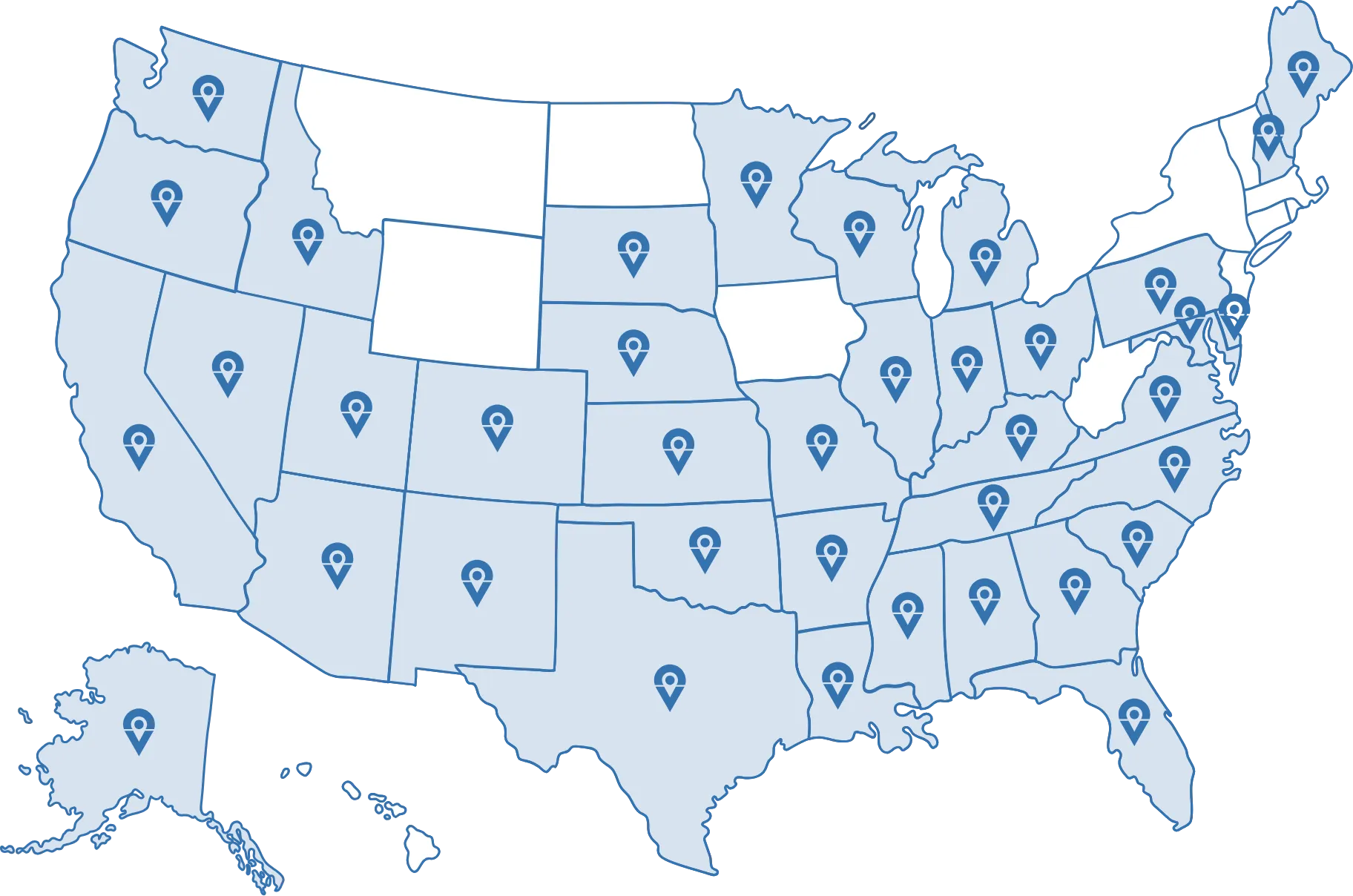 Map of the United States with blue location markers in each state.