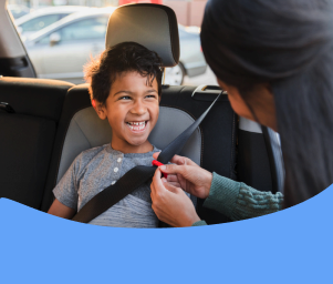 A smiling child sits in a car seat, secured with a seatbelt, while an adult helps adjust it. Text below reads "Safety and Operations Report."