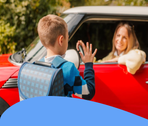 Boy waving goodbye to a woman behind the seat of a car.