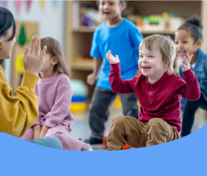 Children in a classroom engage in a fun activity with a teacher. The setting is joyful, vibrant, and focused on early childhood education.